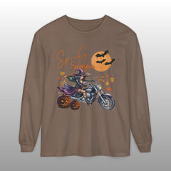 Spooky Season Biker Witch Halloween Long Sleeve Crew Neck TShirt
