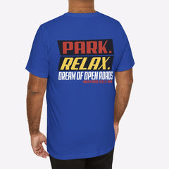 Man wearing a blue t-shirt with text on the back against a white background