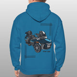 Person wearing a blue hoodie with a car graphic on the back against a gray background