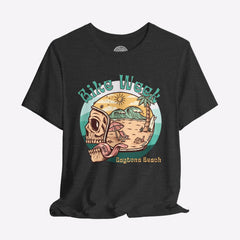 Black t-shirt with a graphic design of a skull, beach scene, and 'Bike Week Daytona Beach' text on a gray background.