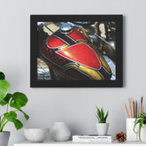 Framed poster print of a close-up image of a red, black, and gold chopper motorcycle gas tank, displayed on a wall.
