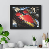 Framed poster print of a close-up image of a red, black, and gold chopper motorcycle gas tank, displayed on a wall.