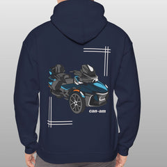 Person wearing a navy hoodie with a graphic of a vehicle on the back against a gray background