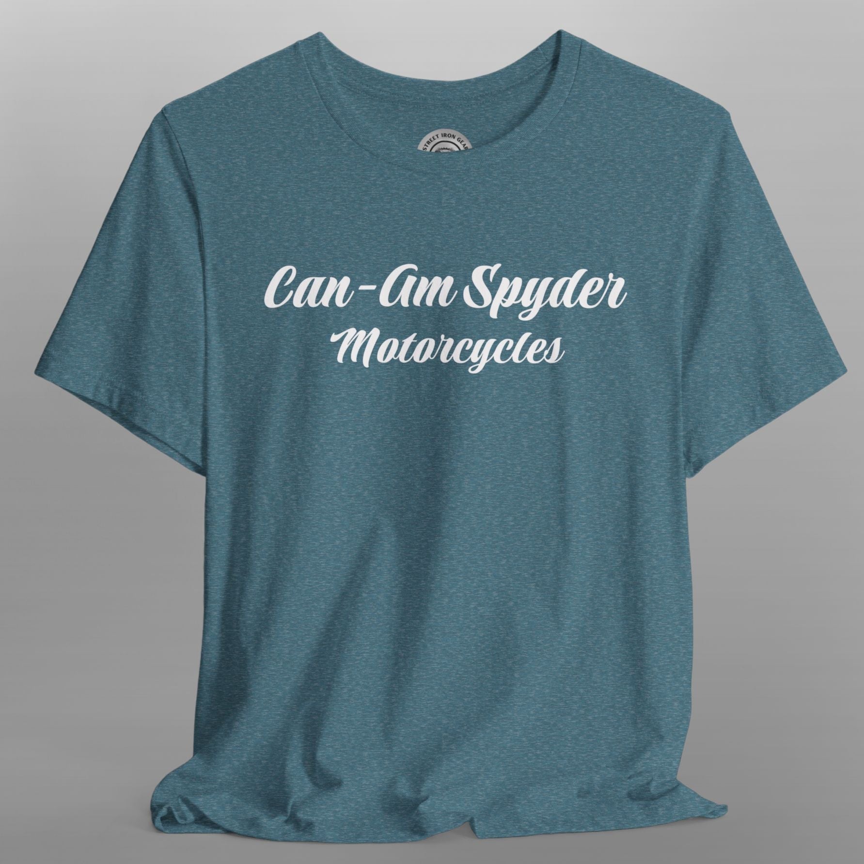 Blue t-shirt with 'Can-Am Spyder Motorcycles' text on a gray background