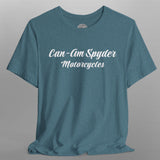 Blue t-shirt with 'Can-Am Spyder Motorcycles' text on a gray background