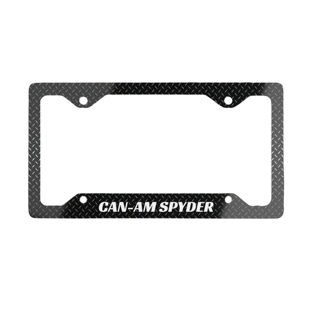 Black diamond plate license plate frame with 'CAN-AM SPYDER' text on a white background