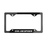 Black diamond plate license plate frame with 'CAN-AM SPYDER' text on a white background