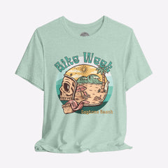 Mint green t-shirt with a graphic design of a skull, beach scene, and 'Bike Week' text on a gray background.