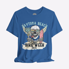 Blue t-shirt with Daytona Beach Bike Week 2026 graphic design on a gray background