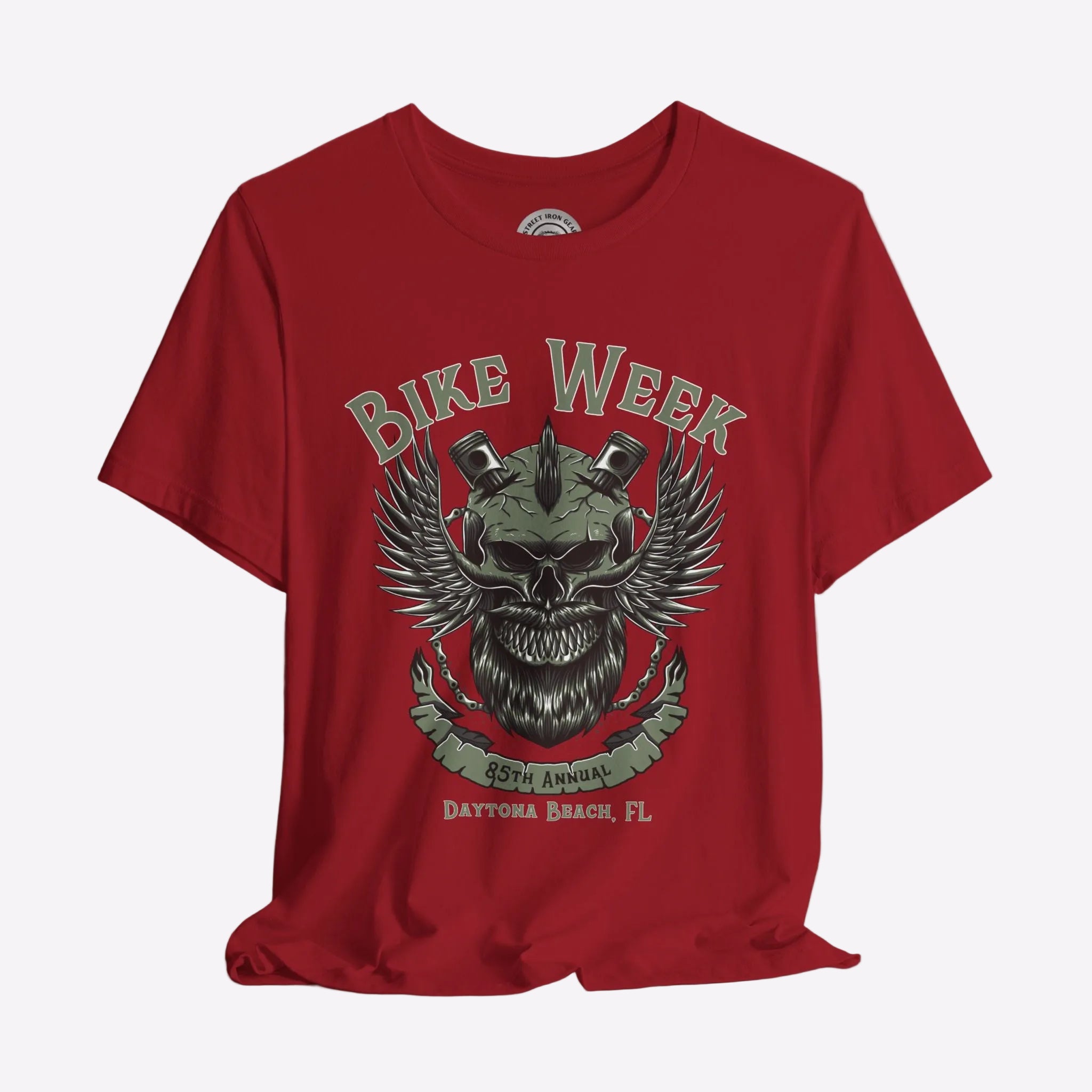 Red t-shirt with 'Bike Week' graphic design on a gray background