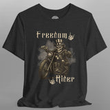 Black t-shirt with a graphic of a skeleton on a motorcycle and 'Freedom Rider' text on a gray background