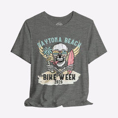 Gray t-shirt with a skull graphic and 'Daytona Beach Bike Week 2026' text on a gray background