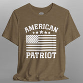 Brown t-shirt with 'American Patriot' text and flag design on a gray background