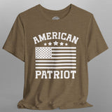 Brown t-shirt with 'American Patriot' text and flag design on a gray background