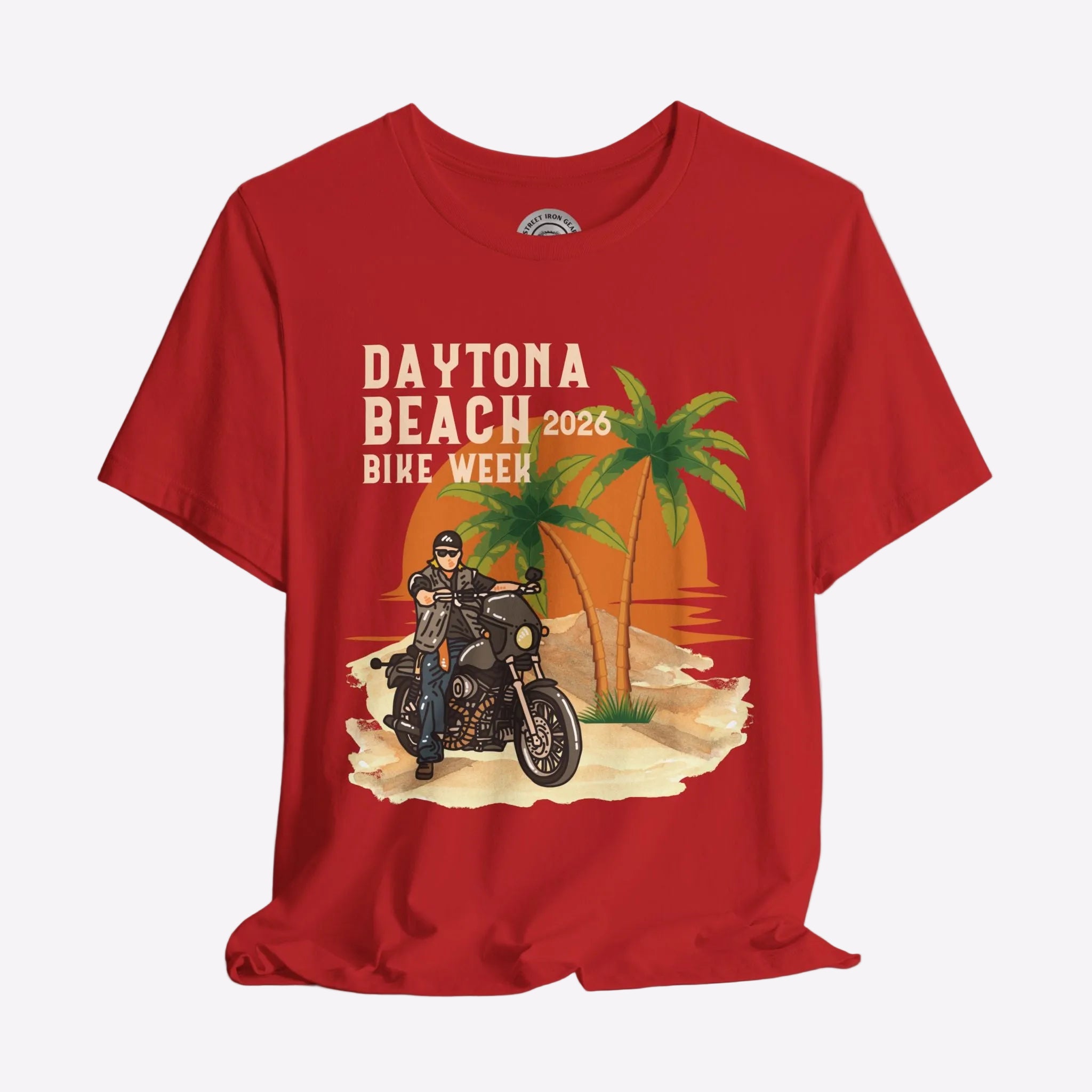 Red t-shirt with Daytona Beach Bike Week 2026 graphic on a gray background