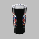 Black tumbler with colorful eagle design on a white background