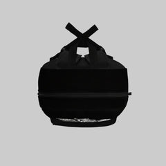 Black backpack with a unique design on a white background