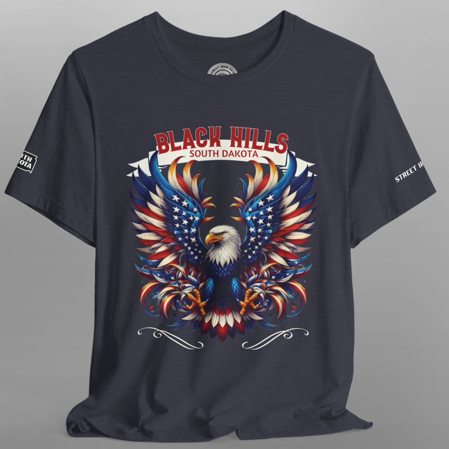 Black t-shirt with an eagle design and 'Black Hills South Dakota' text on a gray background