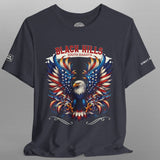 Black t-shirt with an eagle design and 'Black Hills South Dakota' text on a gray background