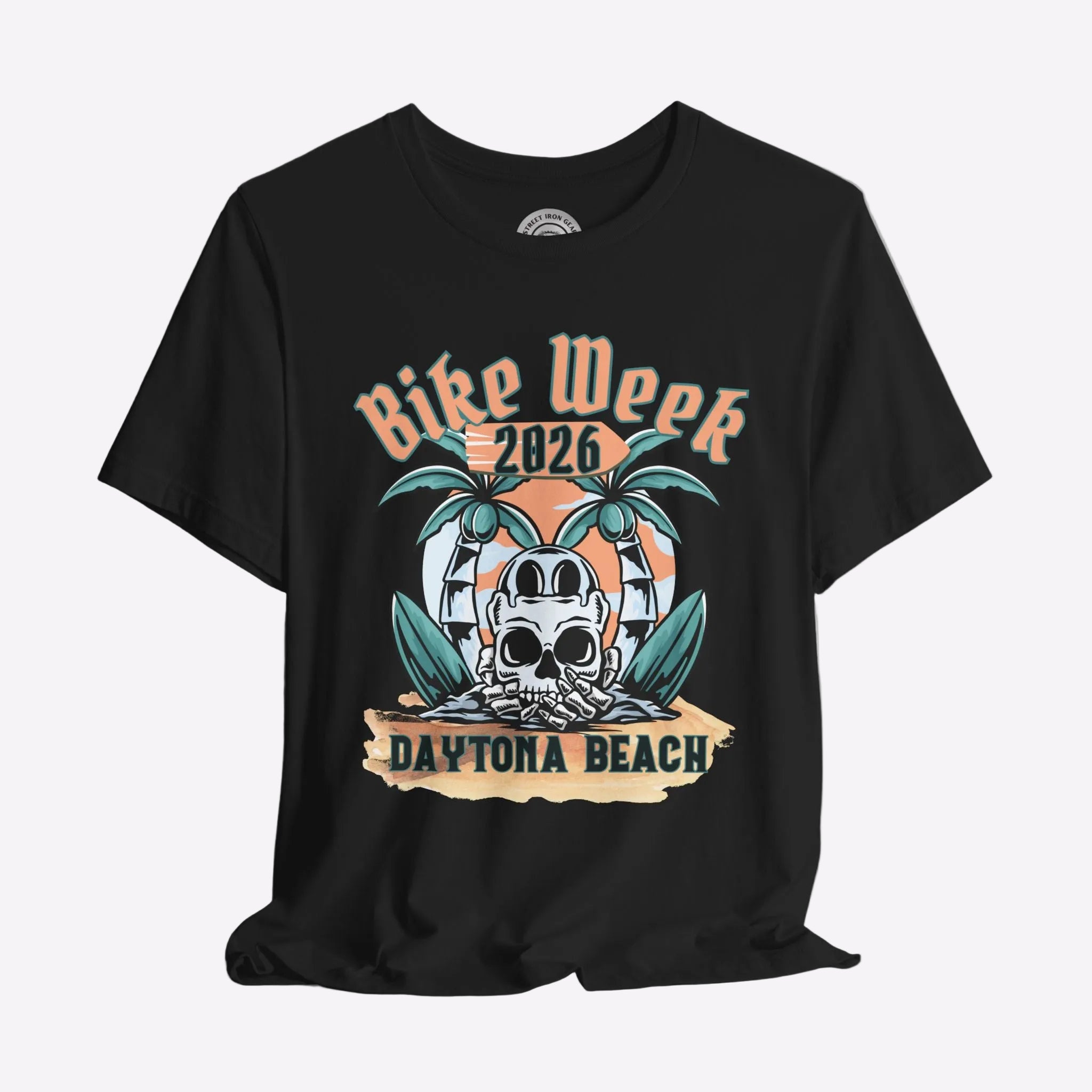 Black t-shirt with 'Bike Week 2026 Daytona Beach' graphic design on a gray background