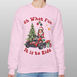 Person wearing a pink sweatshirt with Christmas-themed design and text.