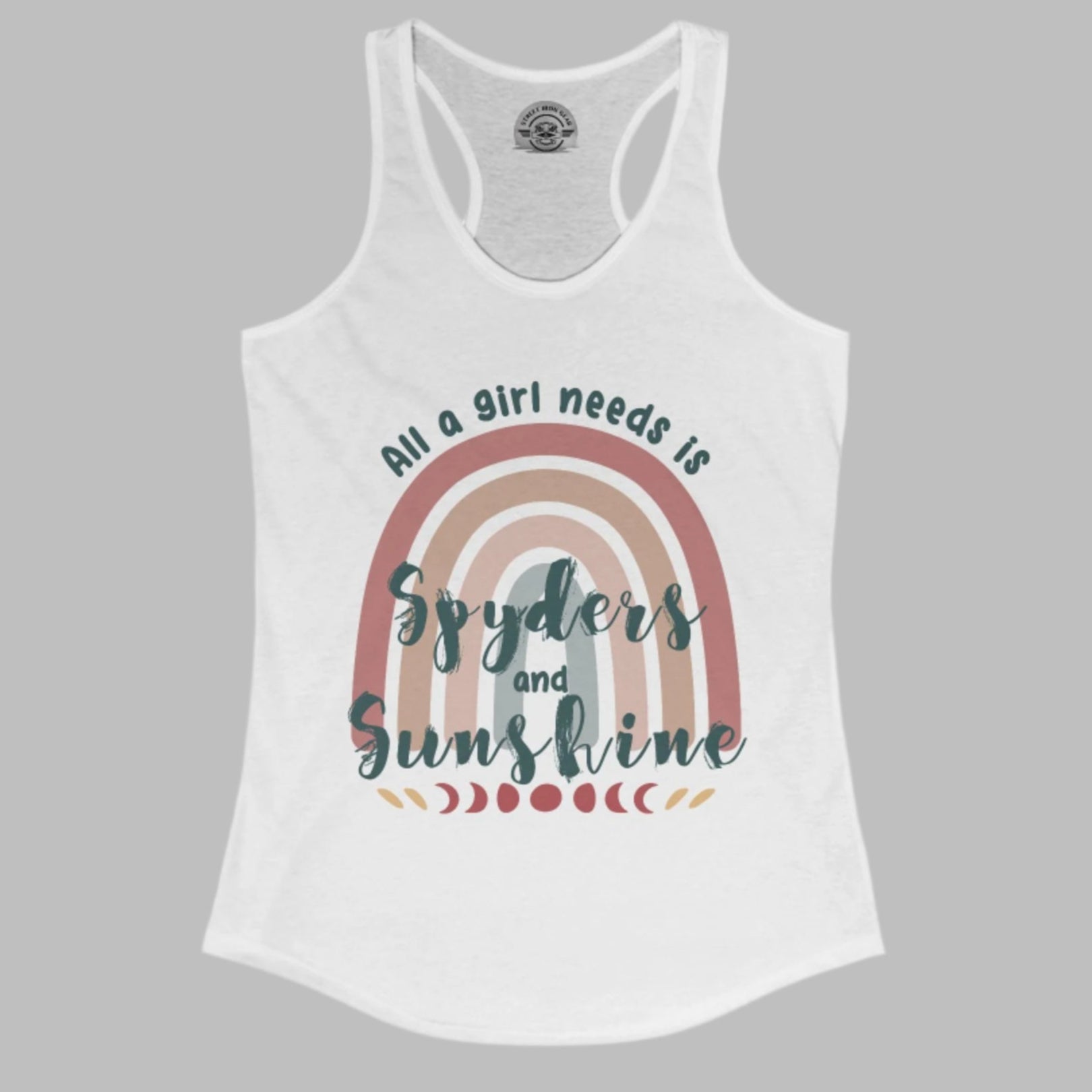White tank top with rainbow and text design on a white background