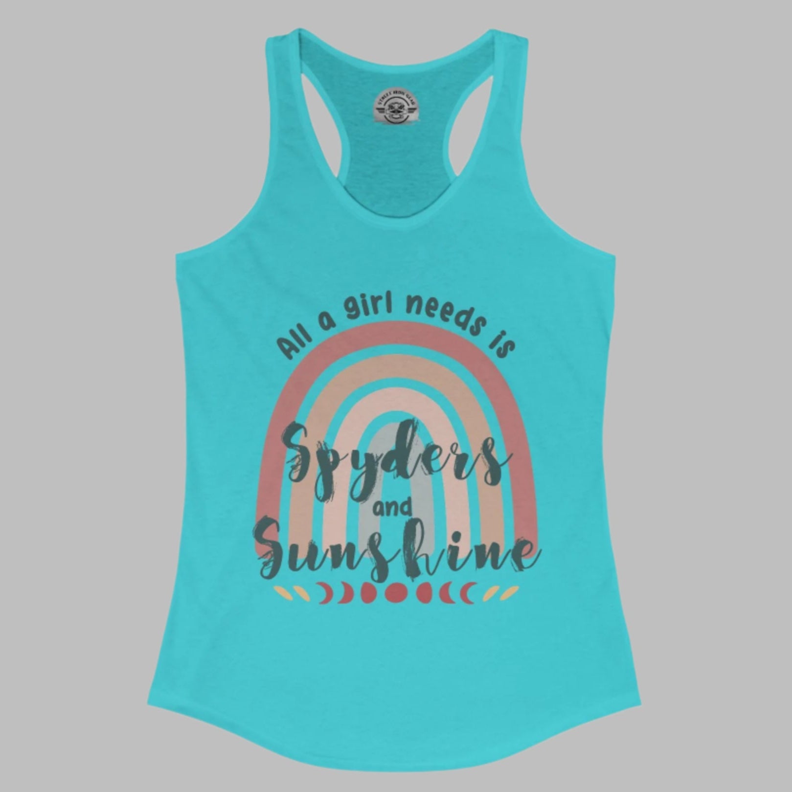 Turquoise tank top with rainbow and text design on a white background