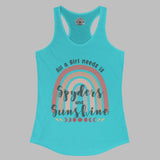 Turquoise tank top with rainbow and text design on a white background