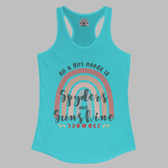 Turquoise tank top with rainbow and text design on a white background