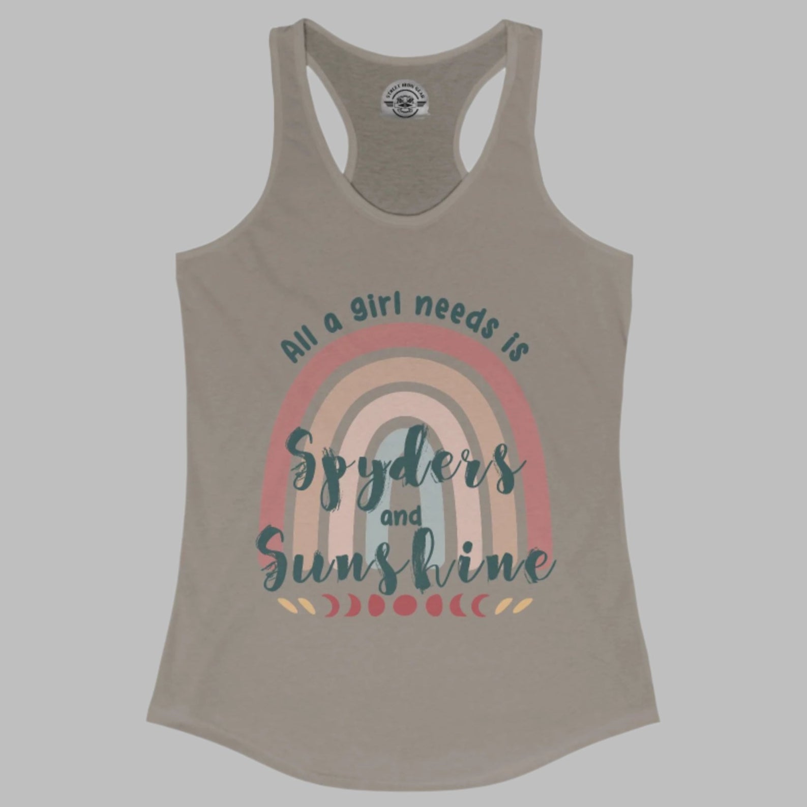 Gray tank top with rainbow and text design on a white background