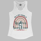 White tank top with rainbow and text design on a white background