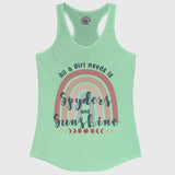 Mint green tank top with rainbow and text design on a white background