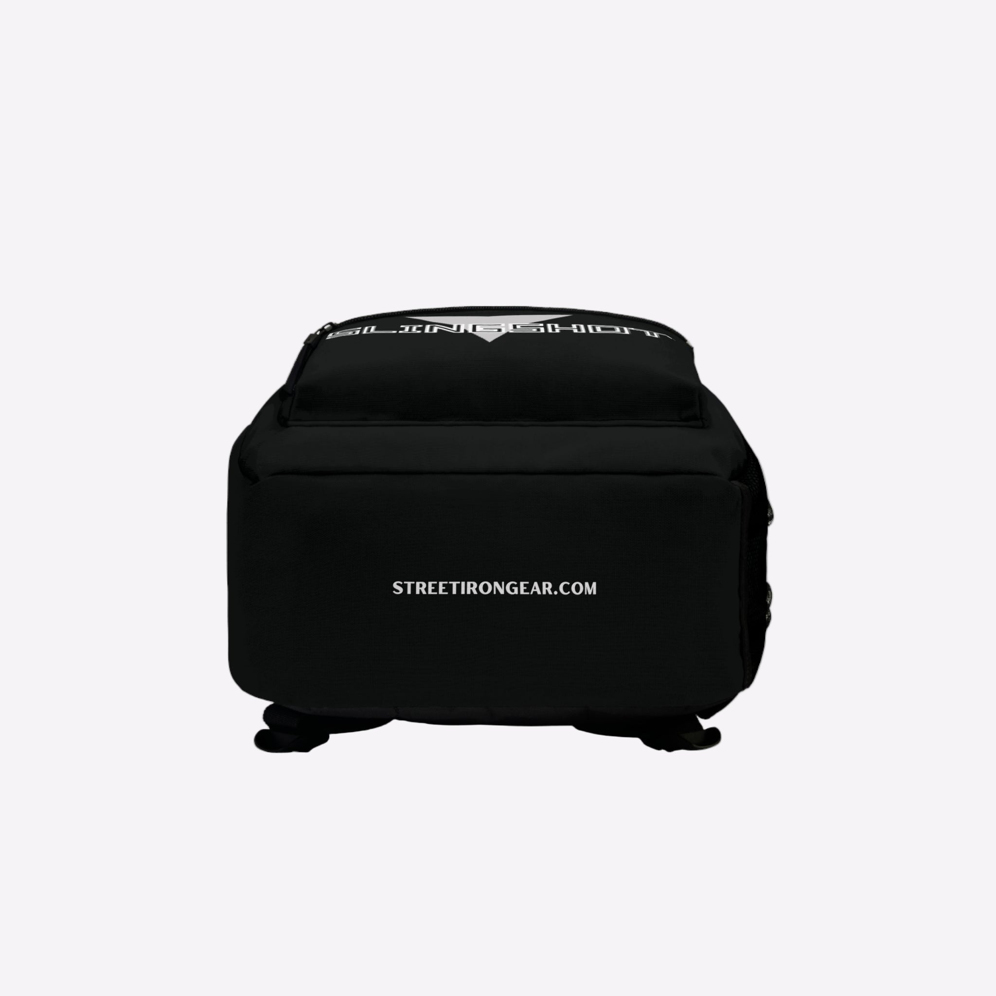 Black backpack with visible branding on a white background