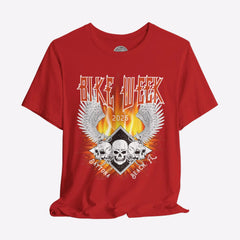 Red t-shirt with 'Bike Week 2023 Daytona Beach, FL' graphic design on a gray background