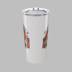 White tumbler with colorful text design on a white background