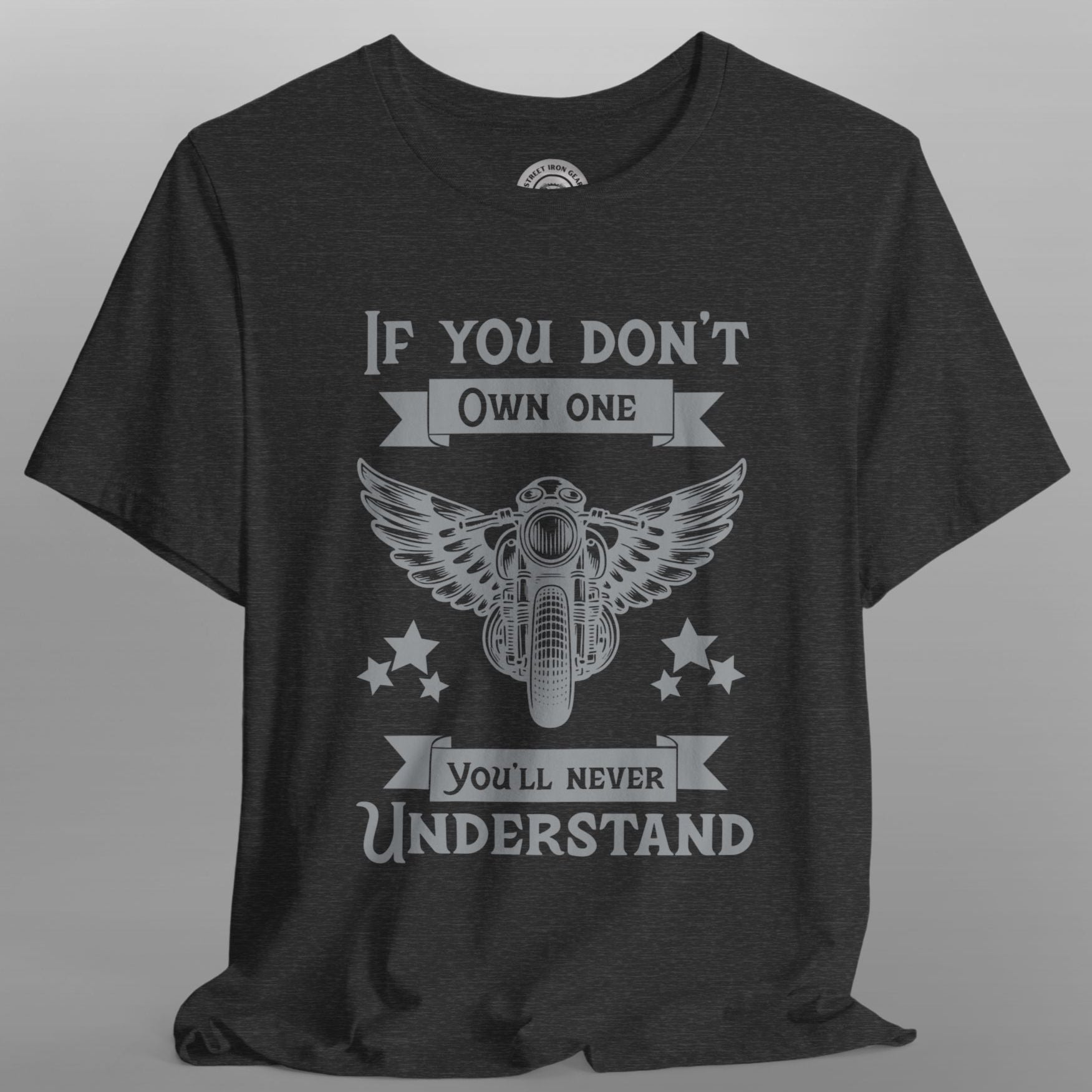 Black t-shirt with graphic design and text on a gray background