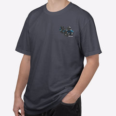 Man wearing a gray t-shirt with a logo on a white background