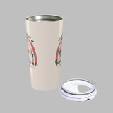 Tumbler with rainbow design and text on a white background