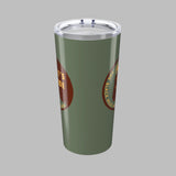 Green tumbler with a logo on a white background