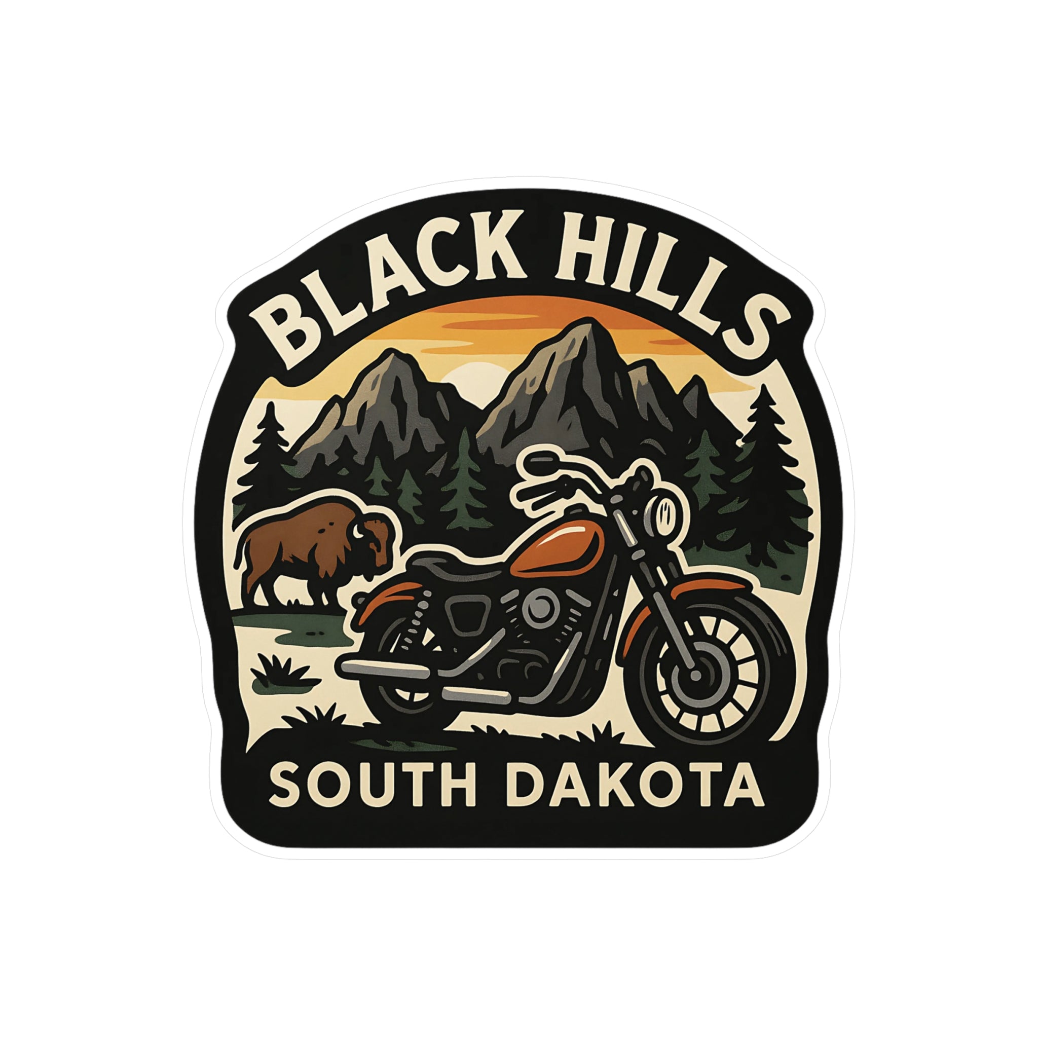 Sticker with Black Hills, South Dakota text, motorcycle, bison, and mountains on a white background