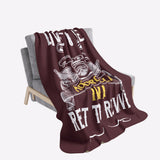 Brown blanket with white and yellow text and graphics draped over a chair in a room with a green wall and wooden floor.