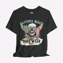 Black t-shirt with 'Daytona Beach Bike Week 2026' graphic design on a gray background