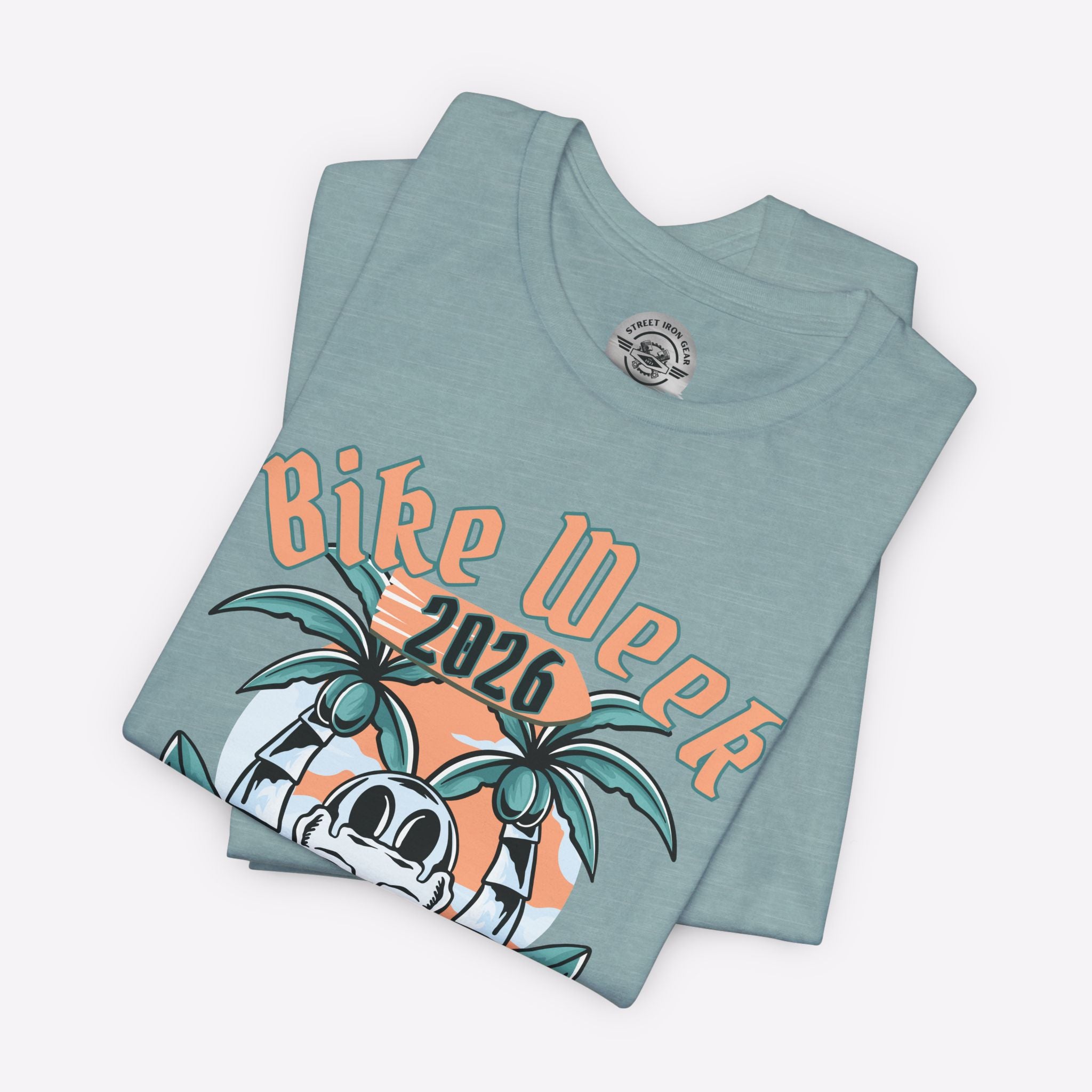 Folded t-shirt with 'Bike Week 2026' design on a white background