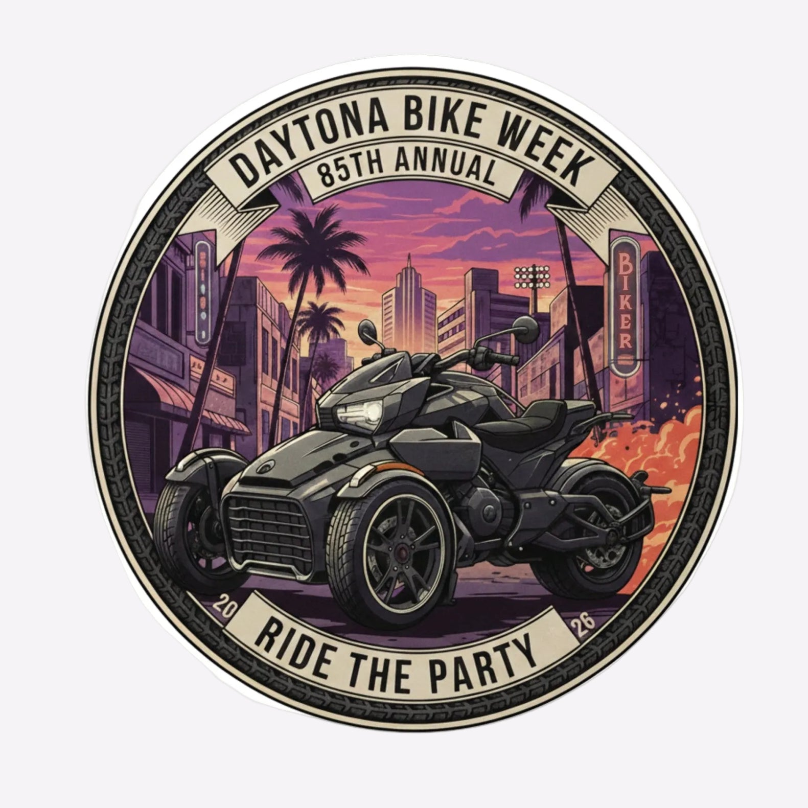 Daytona Bike Week 85th Annual logo with a motorcycle and cityscape background.
