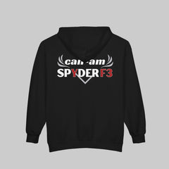 Black hoodie with 'can-am Spyder F3' logo on the back against a white background