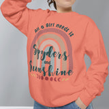 Person wearing a coral sweatshirt with a rainbow design and text on a gray background