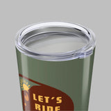 Green tumbler with 'Let's Ride' design on a white background