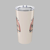 Tumbler with a design and text on a white background