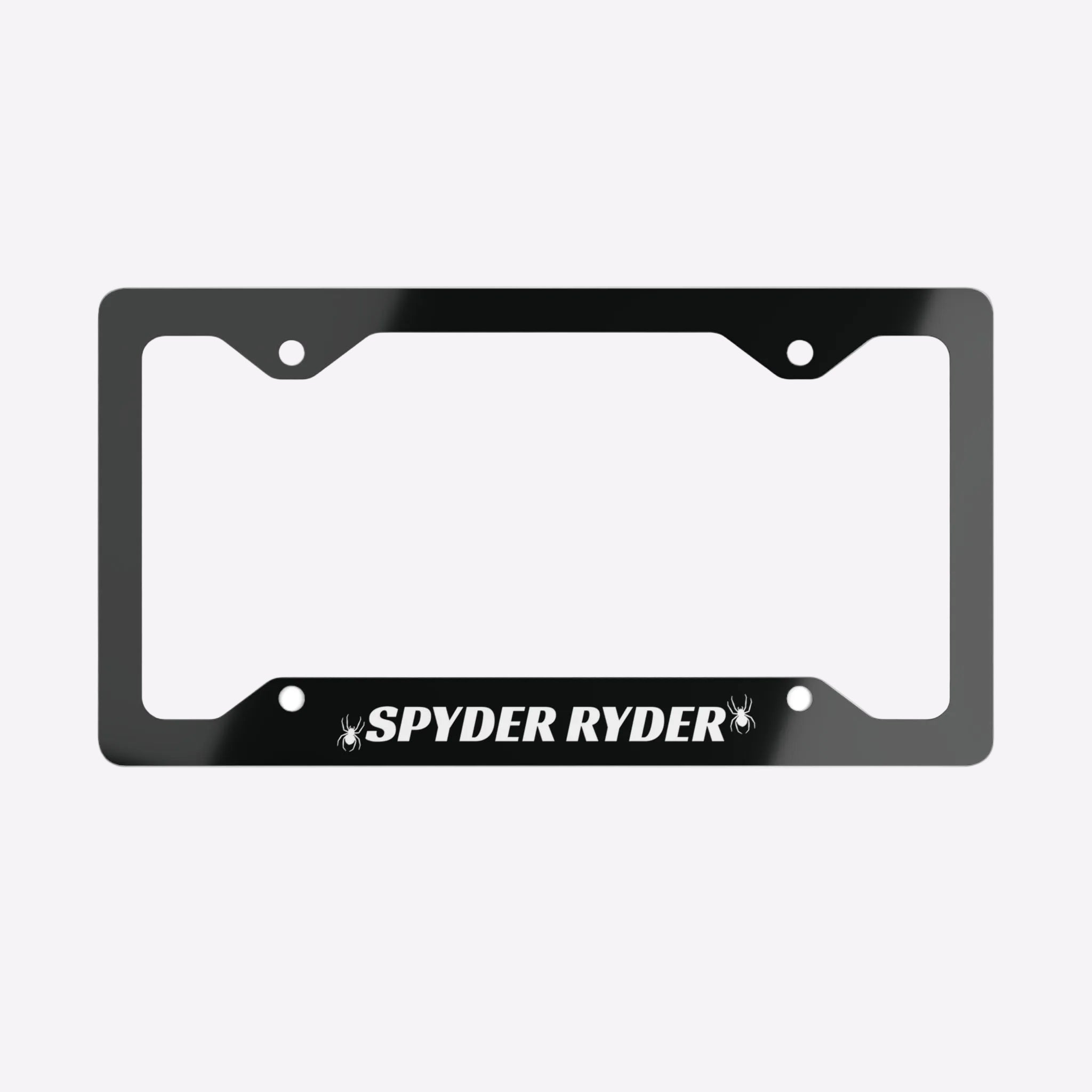 Black license plate frame with 'Spyder Ryder' branding on a white background