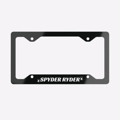 Black license plate frame with 'Spyder Ryder' branding on a white background